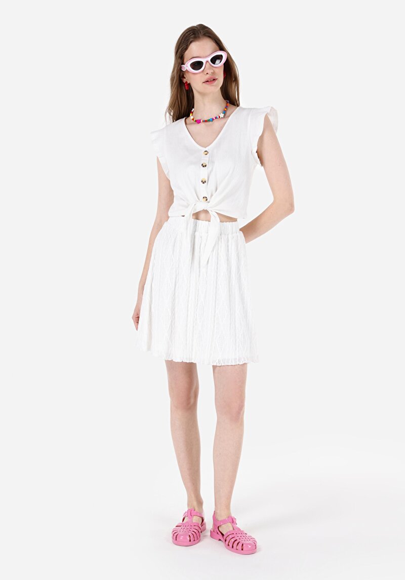 Regular Fit Jakarlı Kadın Beyaz Etek