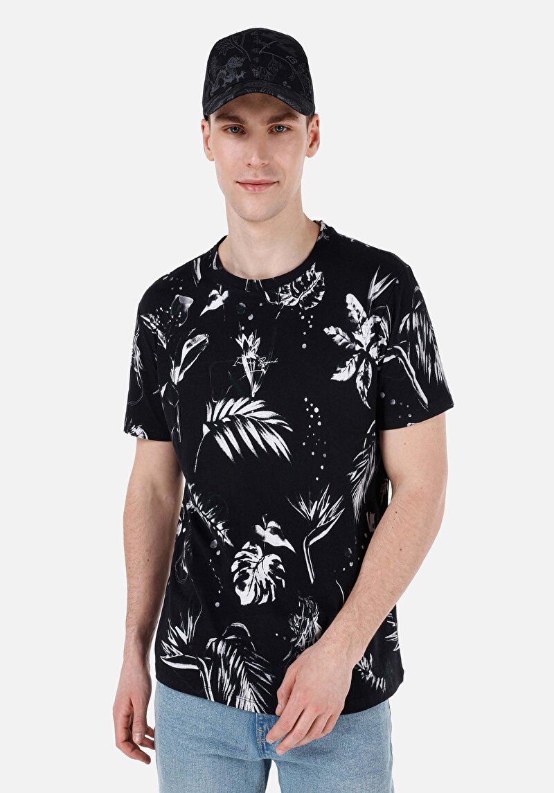 Regular Fit Yuvarlak Yaka Baskılı Erkek Siyah Kısa Kol Tişört