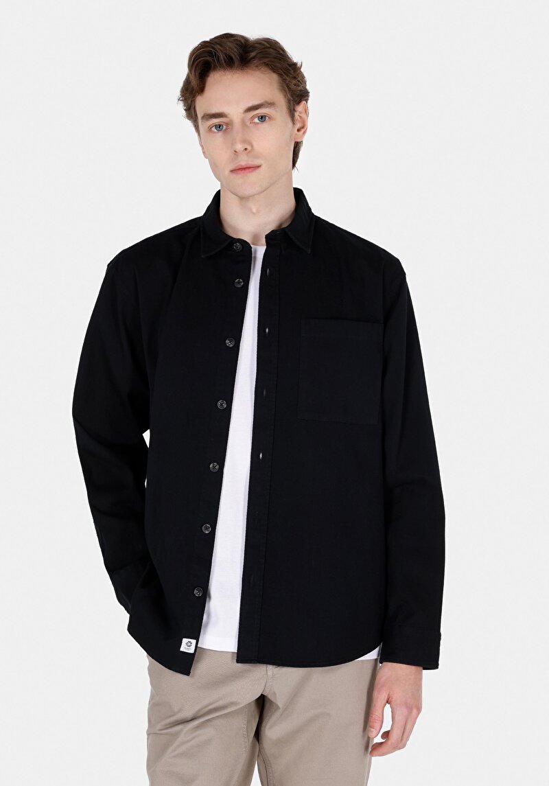 Comfort Fit Shirt Neck Düz Erkek Siyah Cepli Uzun Kol Gömlek