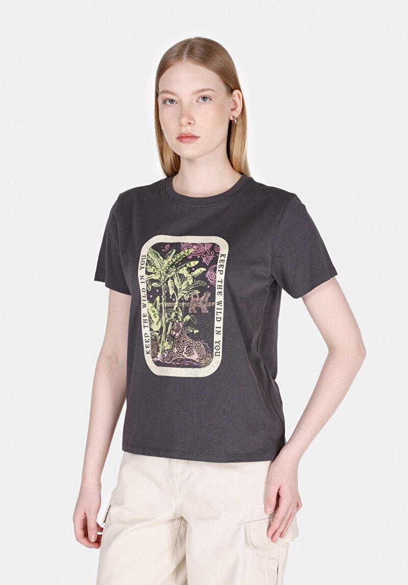 Regular Fit Pamuklu Yuvarlak Yaka Baskılı Kadın Antrasit Kısa Kol Tişört