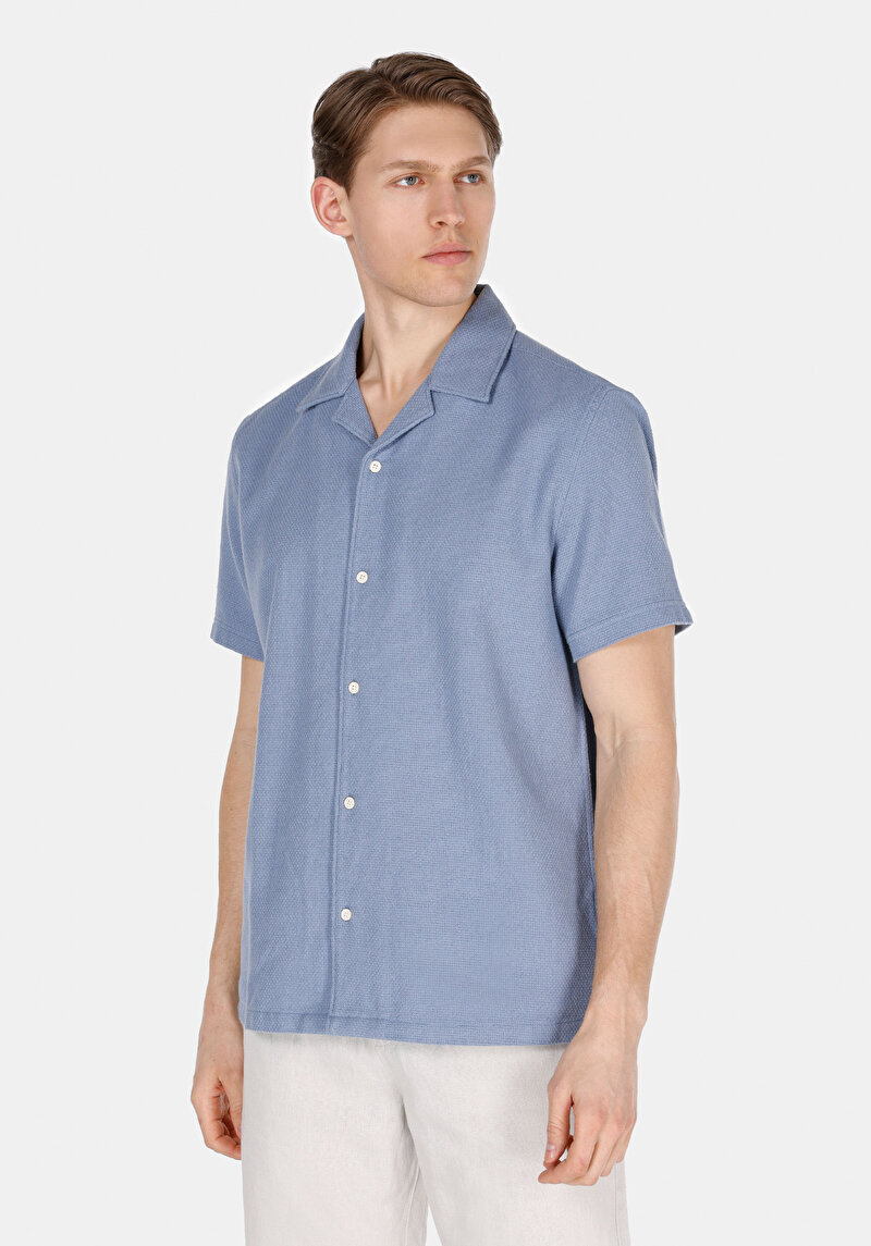 Regular Fit Shirt Neck Cepsiz Düz Erkek Mavi Kısa Kol Gömlek