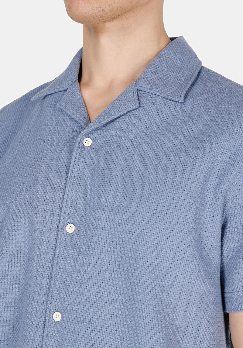 Regular Fit Shirt Neck Cepsiz Düz Erkek Mavi Kısa Kol Gömlek