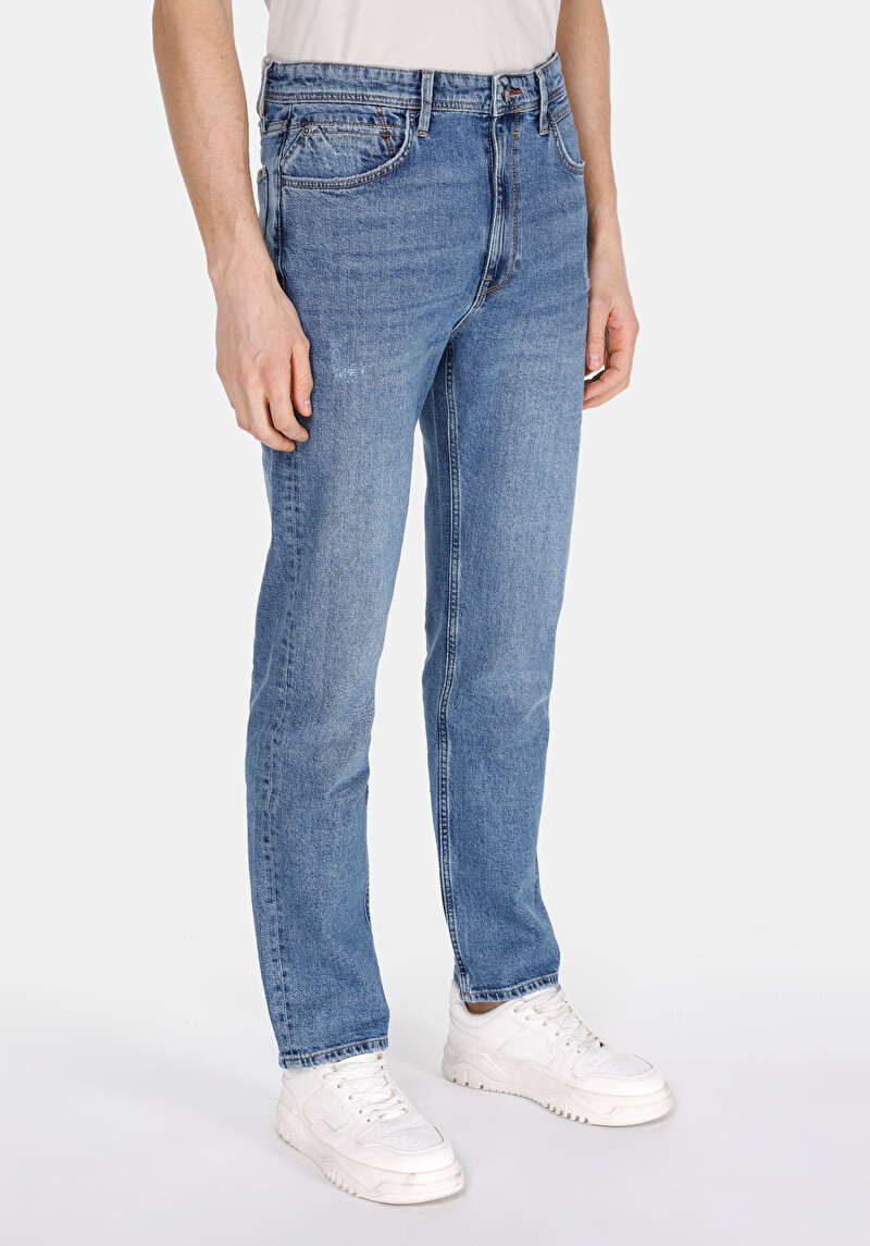 Slim Straight Fit Orta Bel Düz Paça Erkek İndigo Jean Pantolon