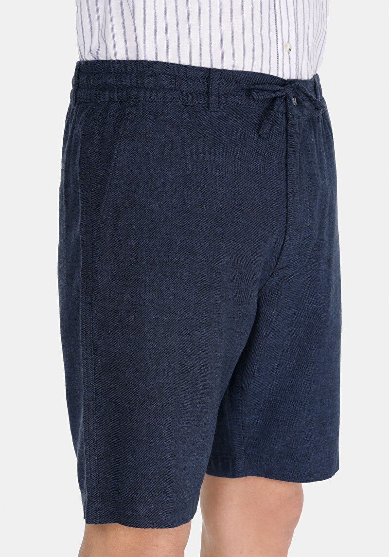 Regular Fit Orta Bel Düz Erkek Keten Karışımlı Lacivert Şort