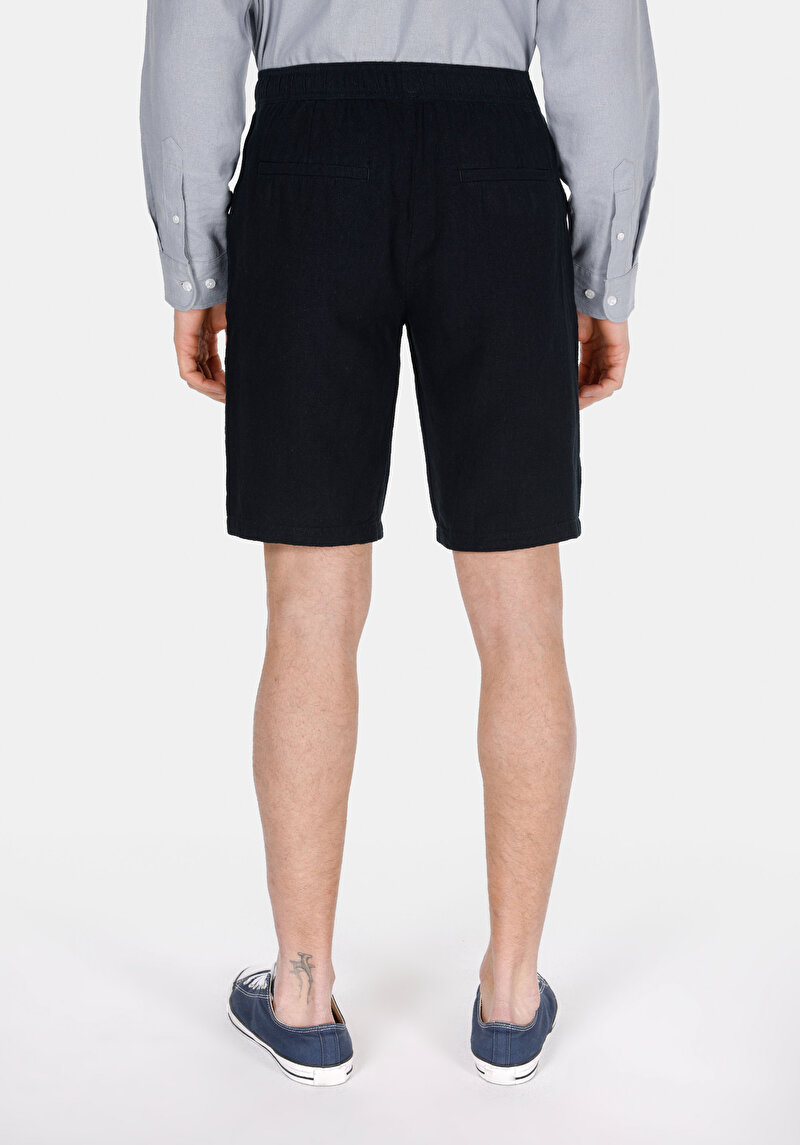 Regular Fit Dokuma Orta Bel Düz Erkek Siyah Şort