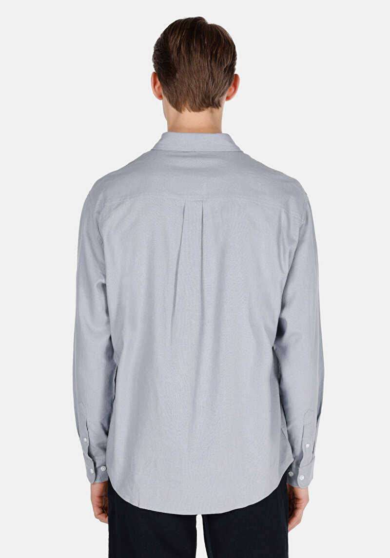 Relaxed Fit Shirt Neck Düz Erkek Keten Karışımlı Gri Uzun Kol Gömlek