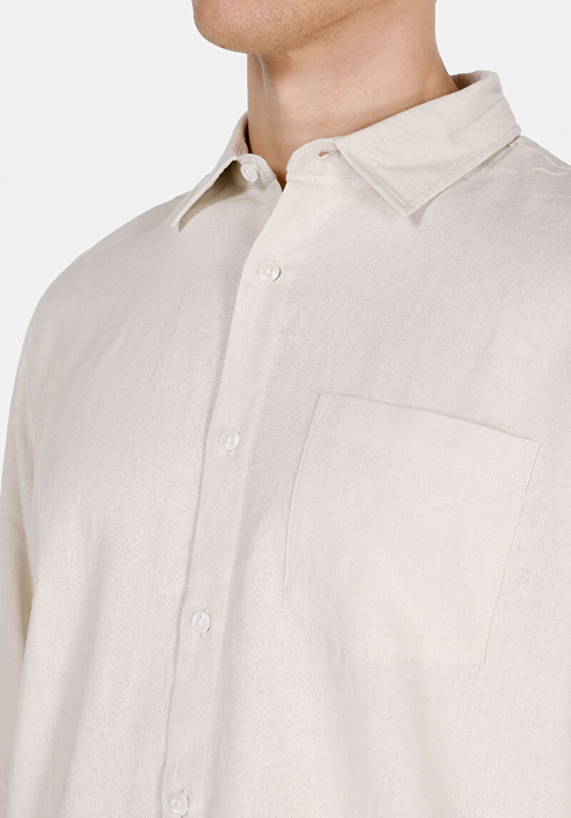 Relaxed Fit Shirt Neck Düz Erkek Keten Karışımlı Bej Uzun Kol Gömlek
