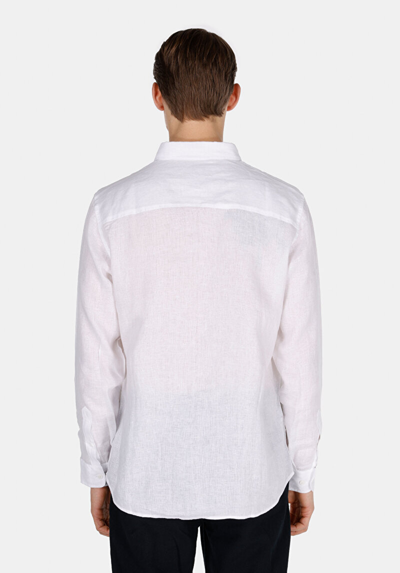 Regular Fit Shirt Neck Düz Erkek Keten Karışımlı Beyaz Uzun Kol Gömlek