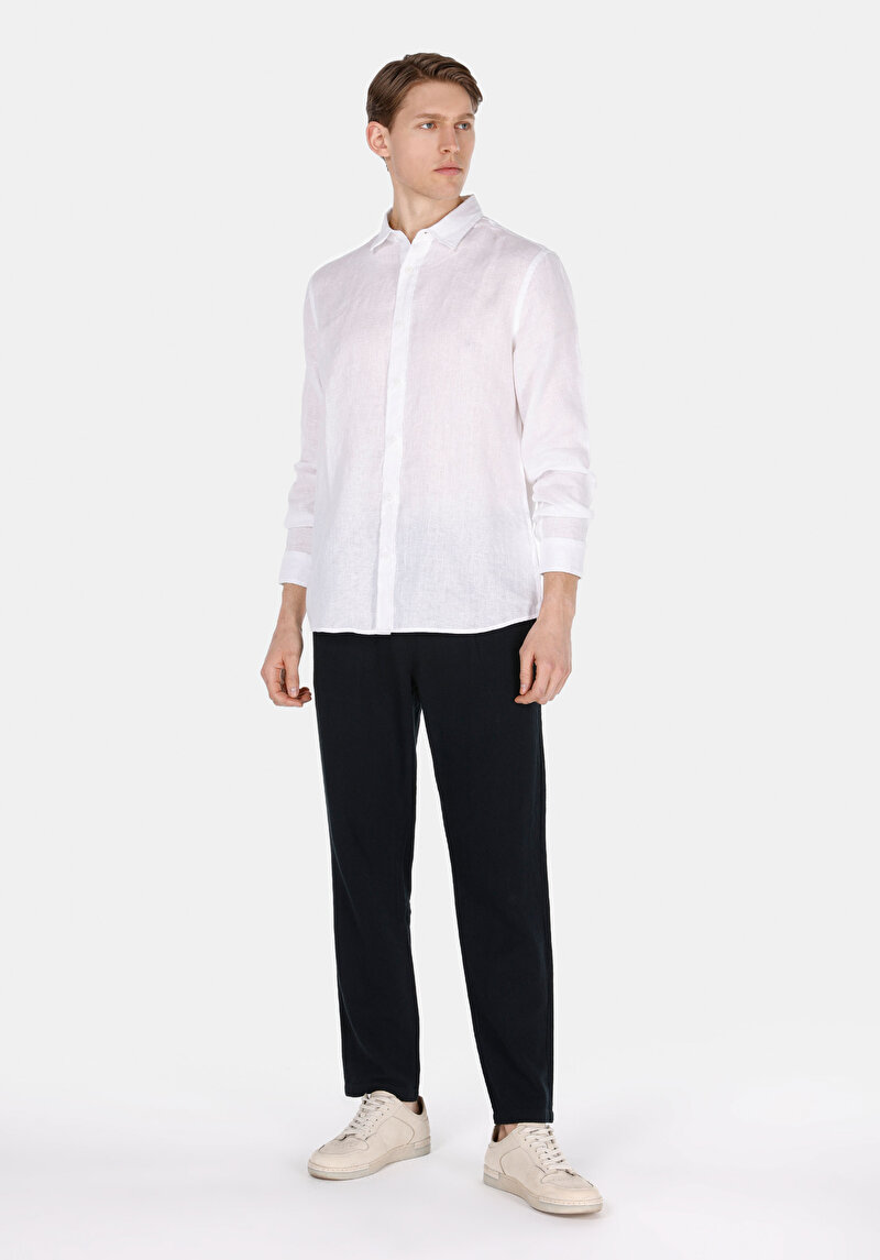 Regular Fit Shirt Neck Düz Erkek Keten Karışımlı Beyaz Uzun Kol Gömlek