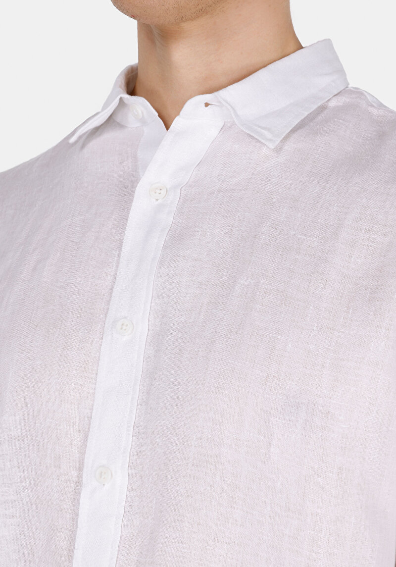 Regular Fit Shirt Neck Düz Erkek Keten Karışımlı Beyaz Uzun Kol Gömlek