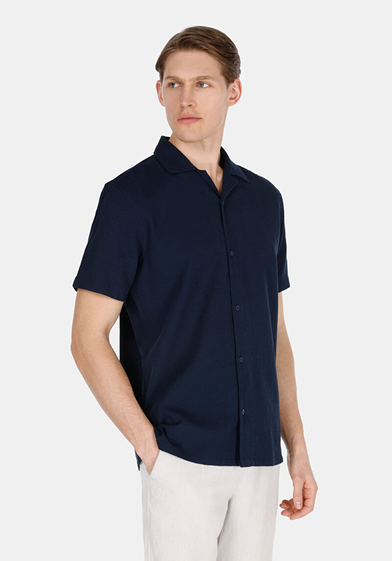 Regular Fit Shirt Neck Cepsiz Düz Erkek Lacivert Kısa Kol Gömlek