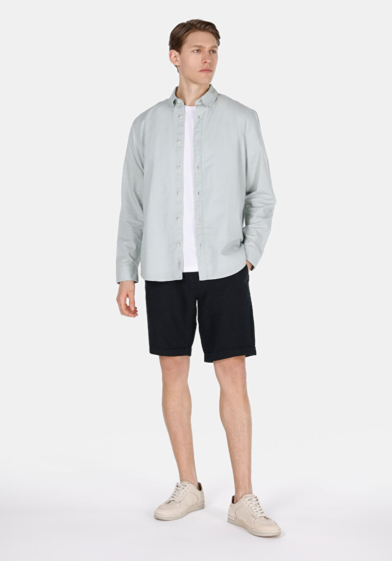 Regular Fit Orta Bel Düz Keten Erkek Siyah Şort