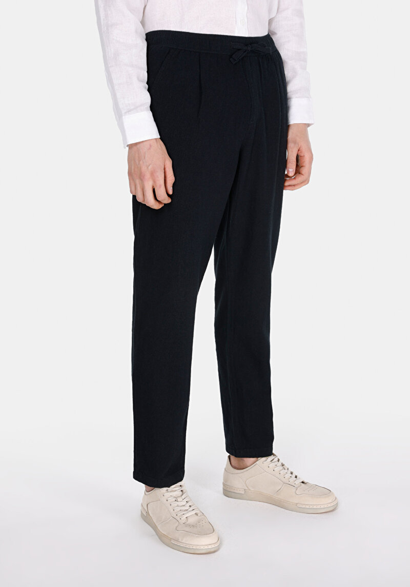 Regular Fit Orta Bel Uzun Paça Erkek Keten Karışımlı Siyah  Pantolon