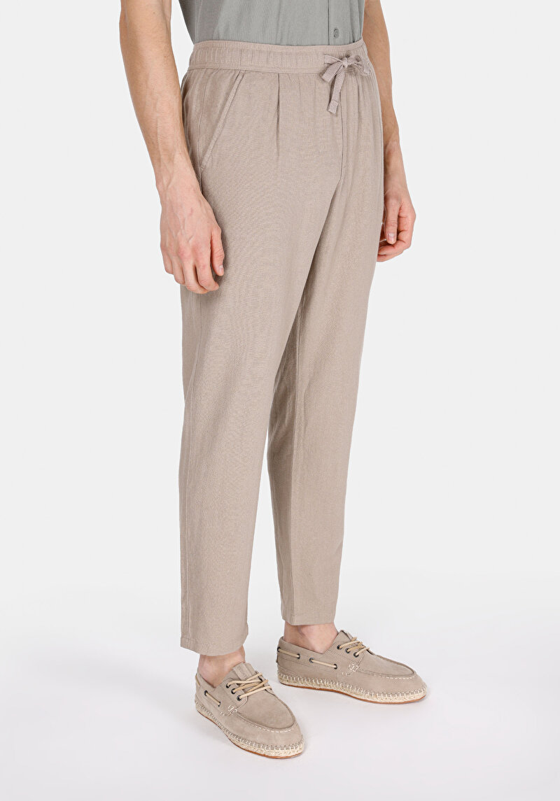 Regular Fit Orta Bel Uzun Paça Erkek Keten Karışımlı Bej  Pantolon