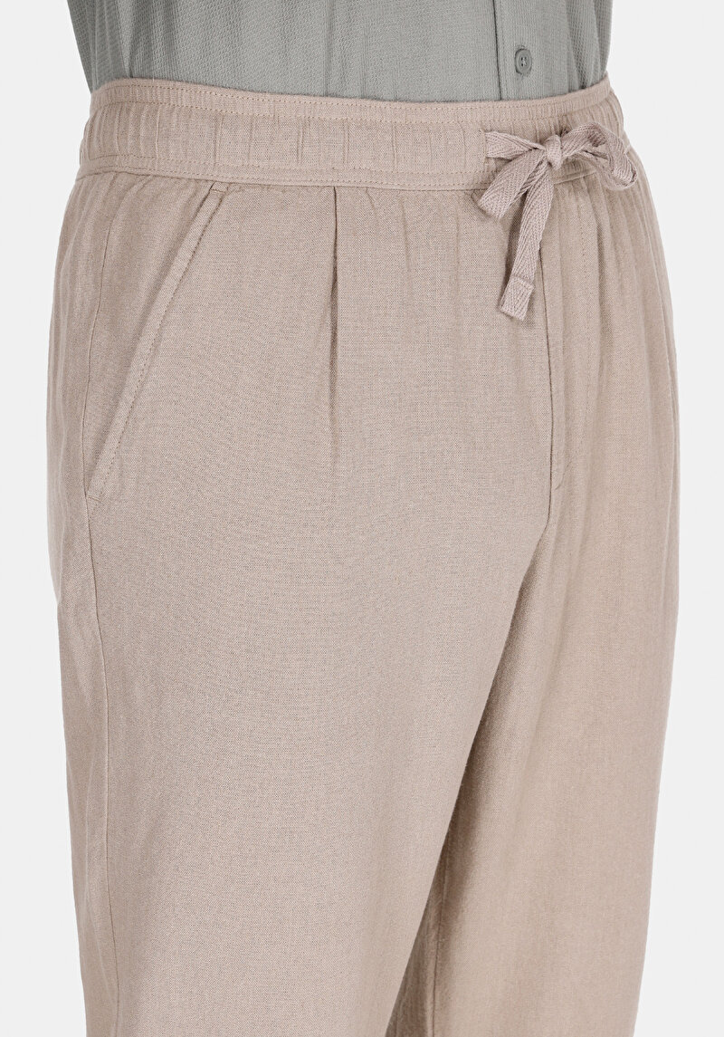 Regular Fit Orta Bel Uzun Paça Erkek Keten Karışımlı Bej  Pantolon