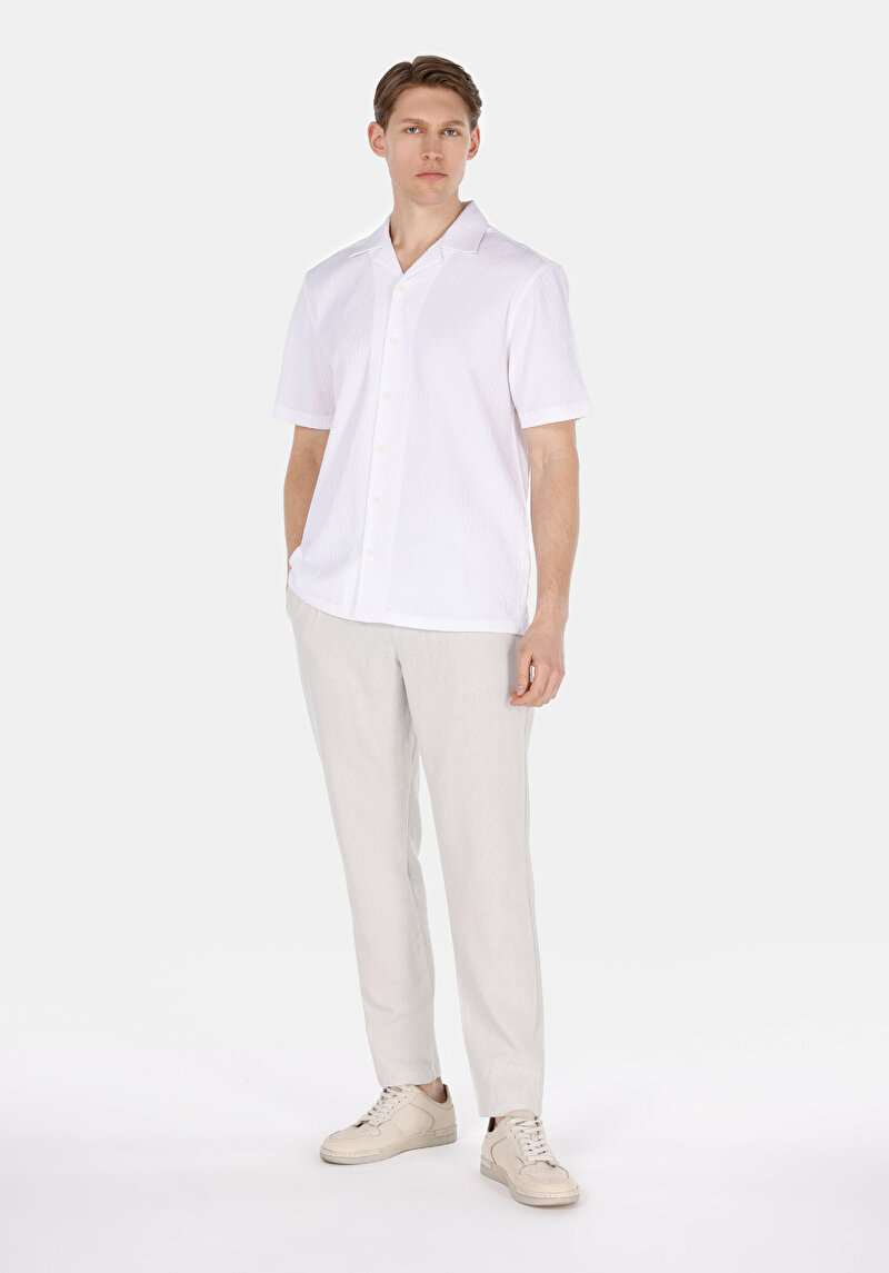 Regular Fit Orta Bel Uzun Paça Erkek Keten Karışımlı Taş  Pantolon