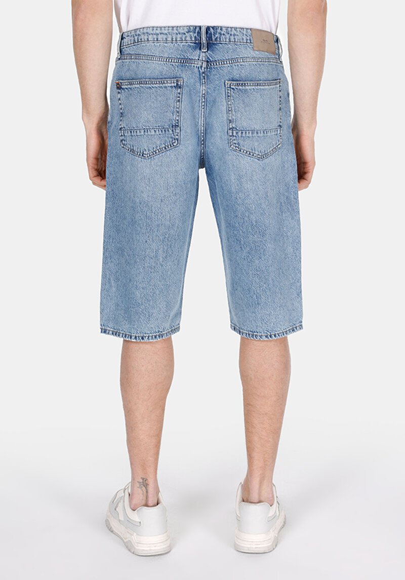 Straight Fit Orta Bel Düz Erkek İndigo Jean Şort