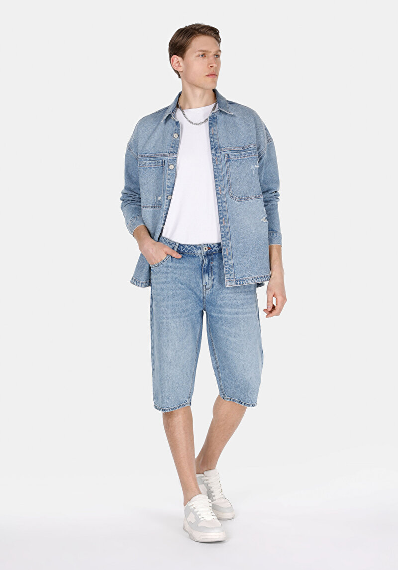 Straight Fit Orta Bel Düz Erkek İndigo Jean Şort