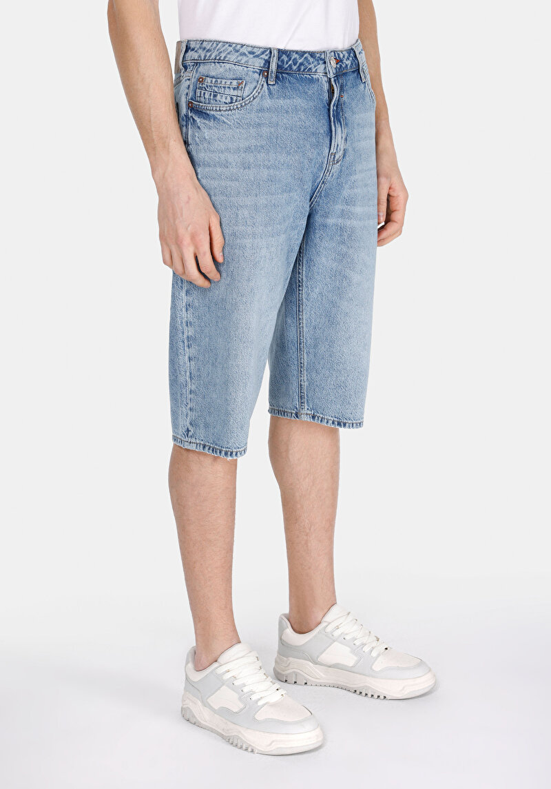 Straight Fit Orta Bel Düz Erkek İndigo Jean Şort
