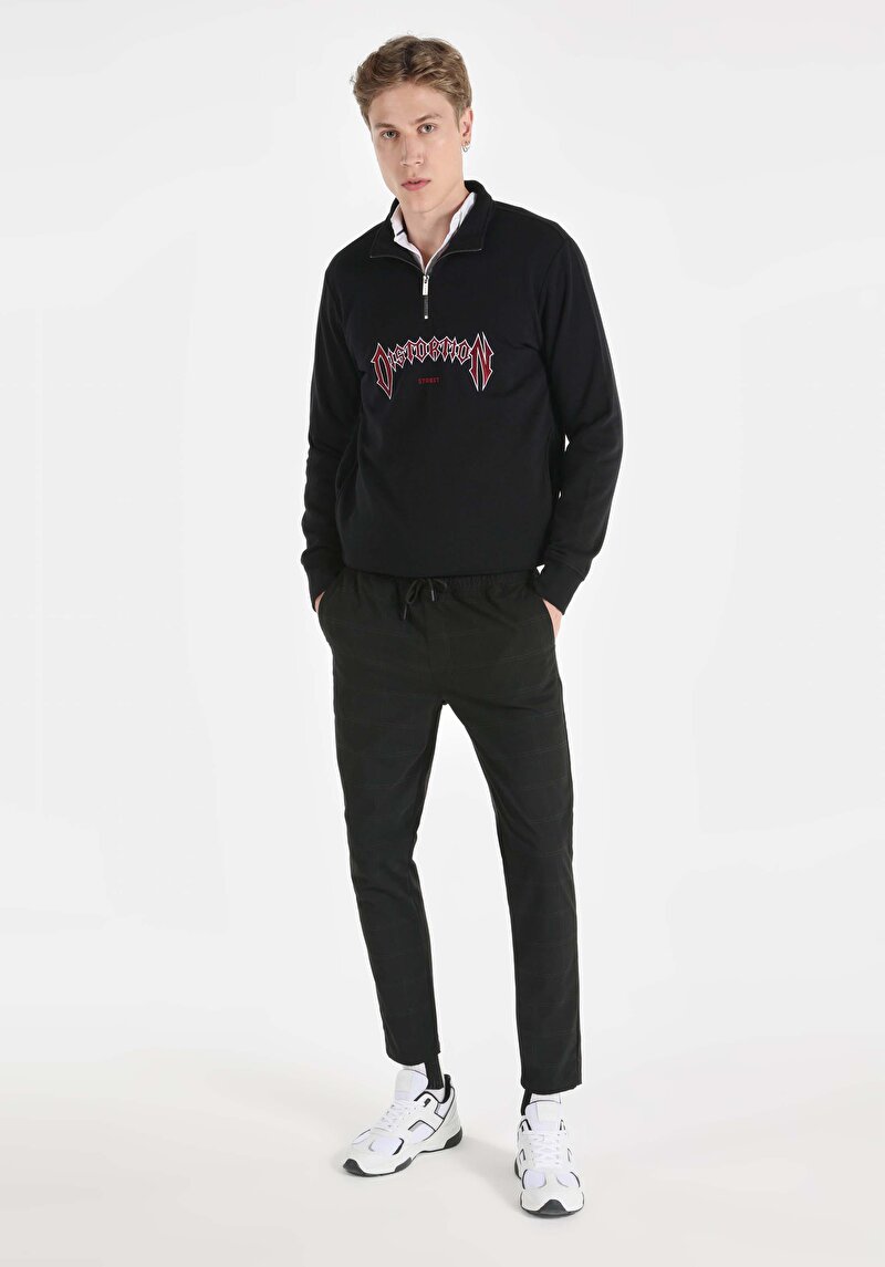 Slim Fit Orta Bel Düz Paça Erkek Siyah Pantolon