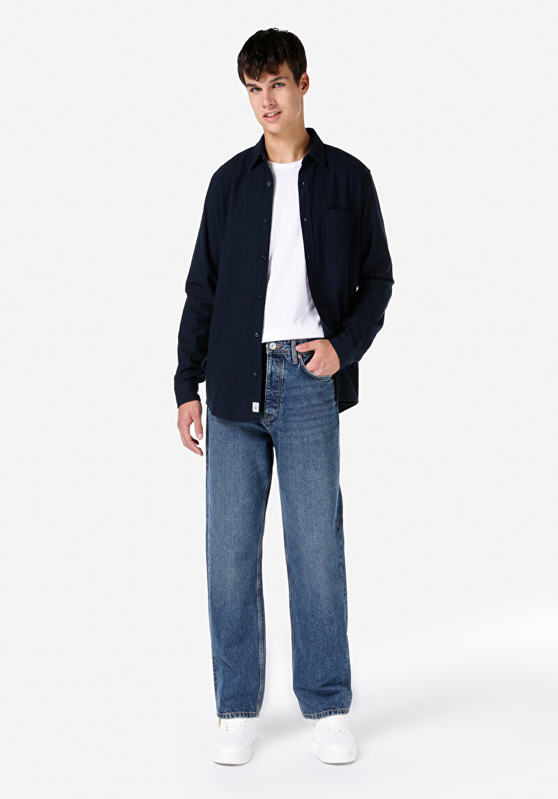Baggy Fit Düşük Bel Düz Paça Erkek İndigo Jean Pantolon