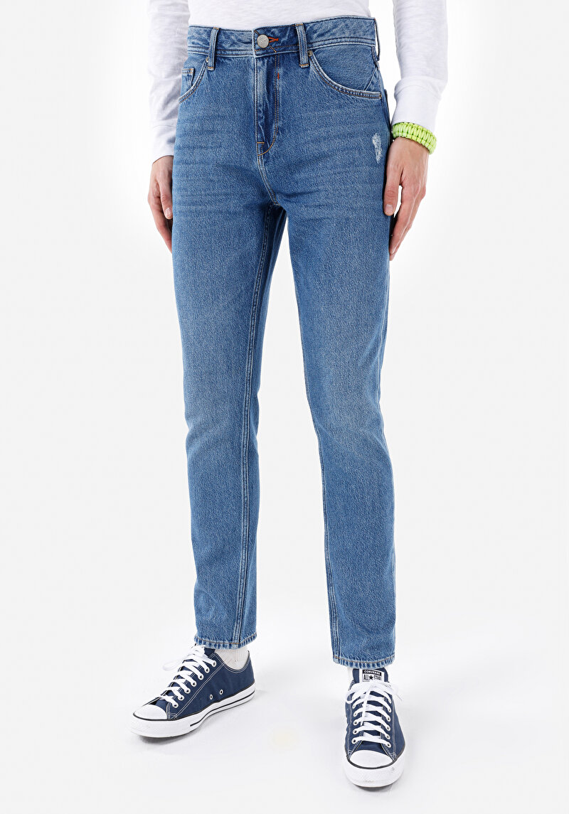 Regular Fit Orta Bel Daralan Paça Erkek İndigo Jean Pantolon