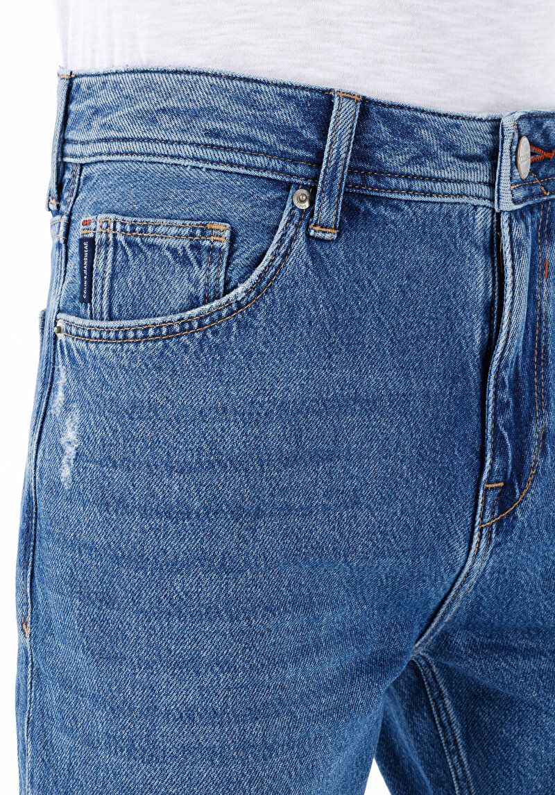 Regular Fit Orta Bel Daralan Paça Erkek İndigo Jean Pantolon