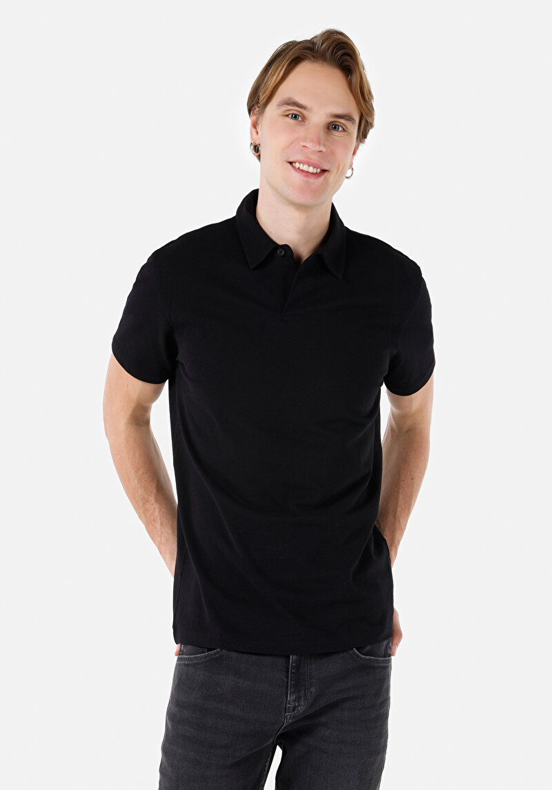 Regular Fit Polo Yaka Düz Erkek Siyah Kısa Kol Tişört