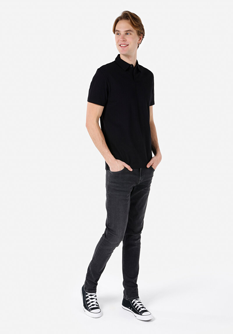 Regular Fit Polo Yaka Düz Erkek Siyah Kısa Kol Tişört