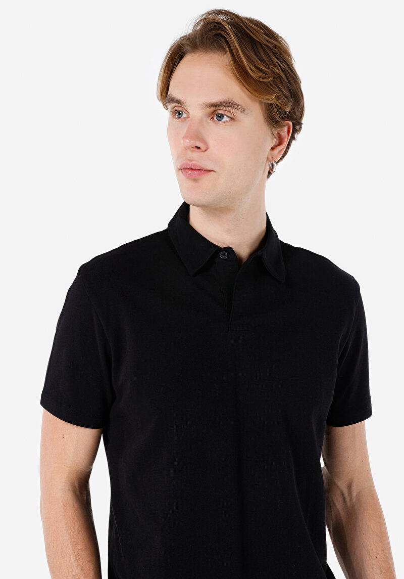 Regular Fit Polo Yaka Düz Erkek Siyah Kısa Kol Tişört