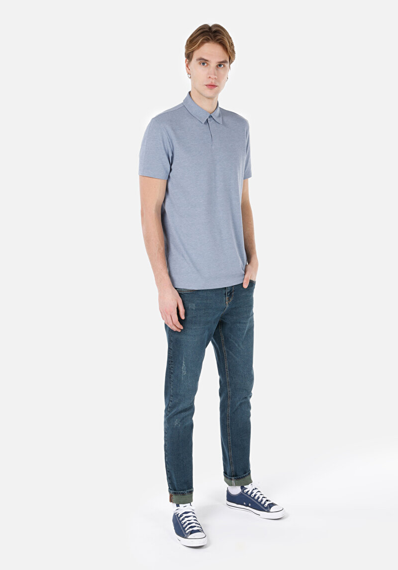 Regular Fit Polo Yaka Düz Erkek Mavi Kısa Kol Tişört