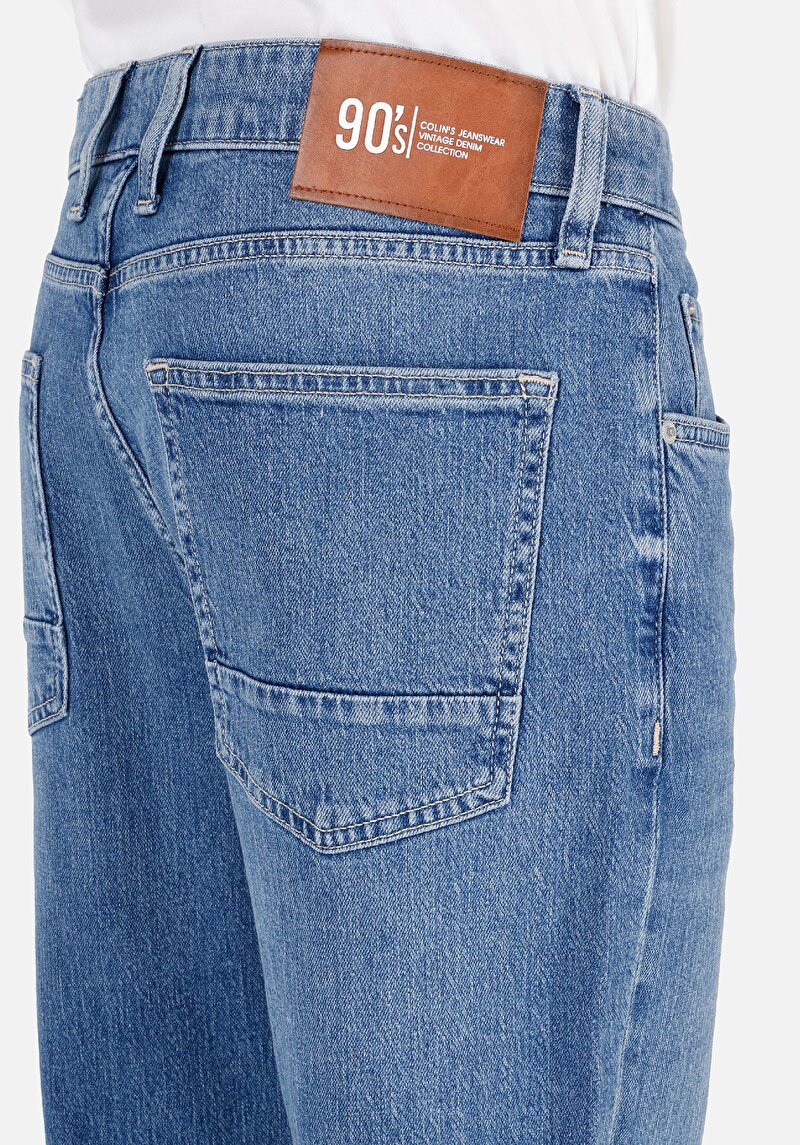 Loose Straight Fit Erkek Mid İndigo Denim Jean Cepli Pantolon