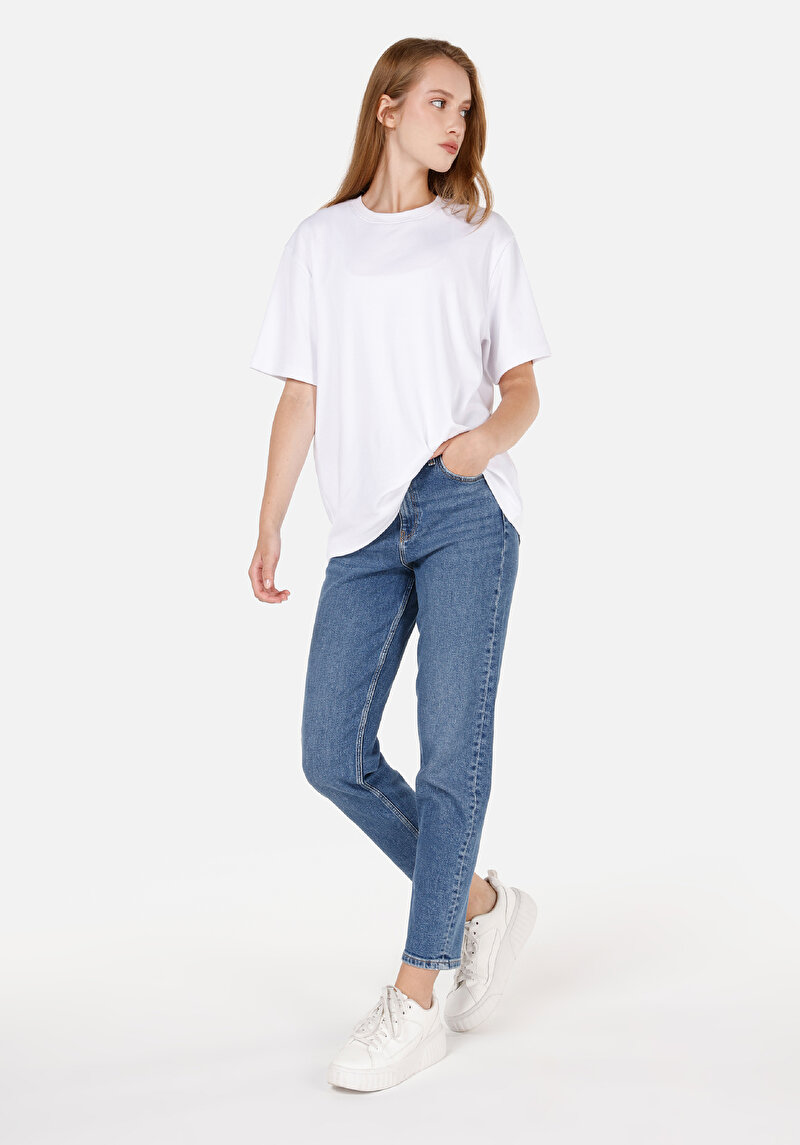 Mom Fit Daralan Paça Fermuarlı Kadın İndigo Jean Pantolon