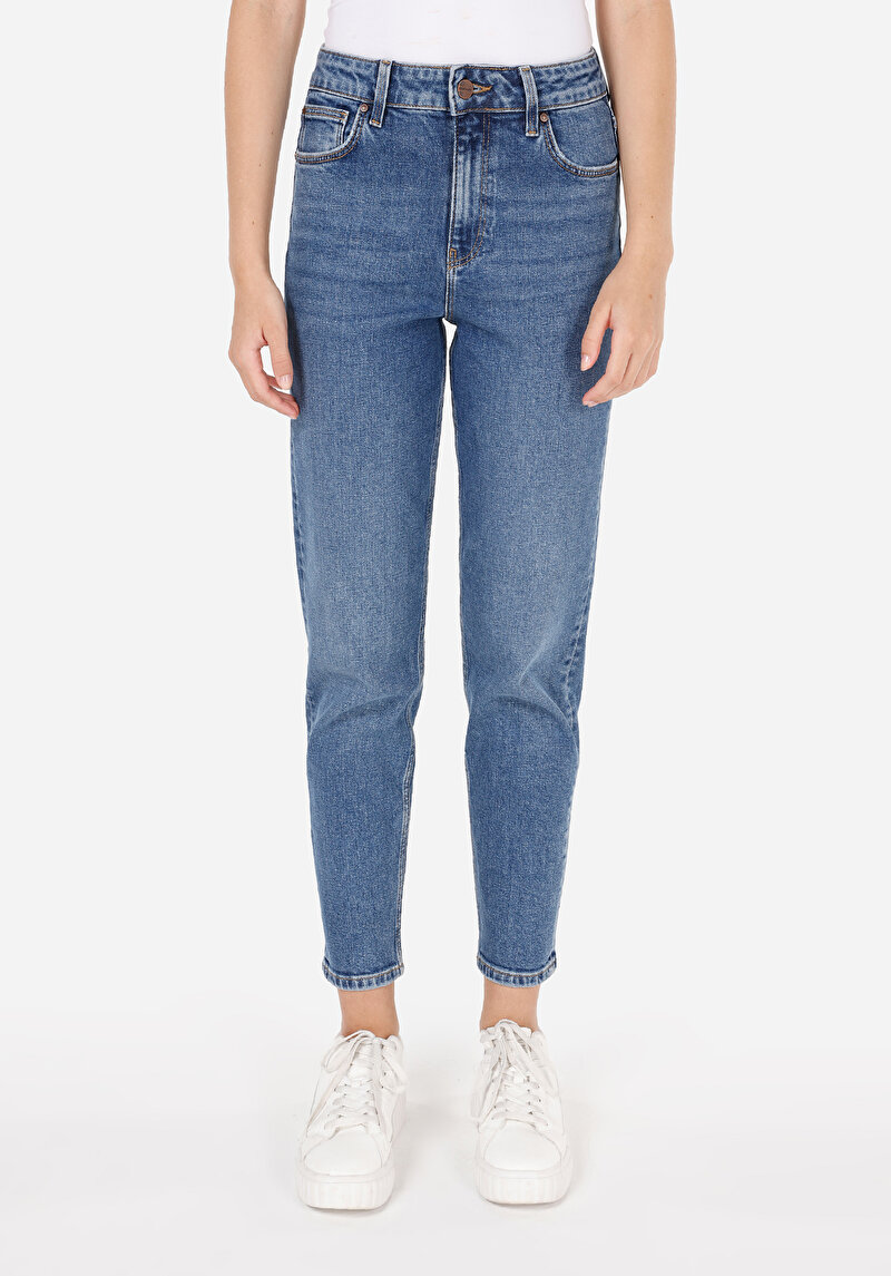 Mom Fit Daralan Paça Fermuarlı Kadın İndigo Jean Pantolon