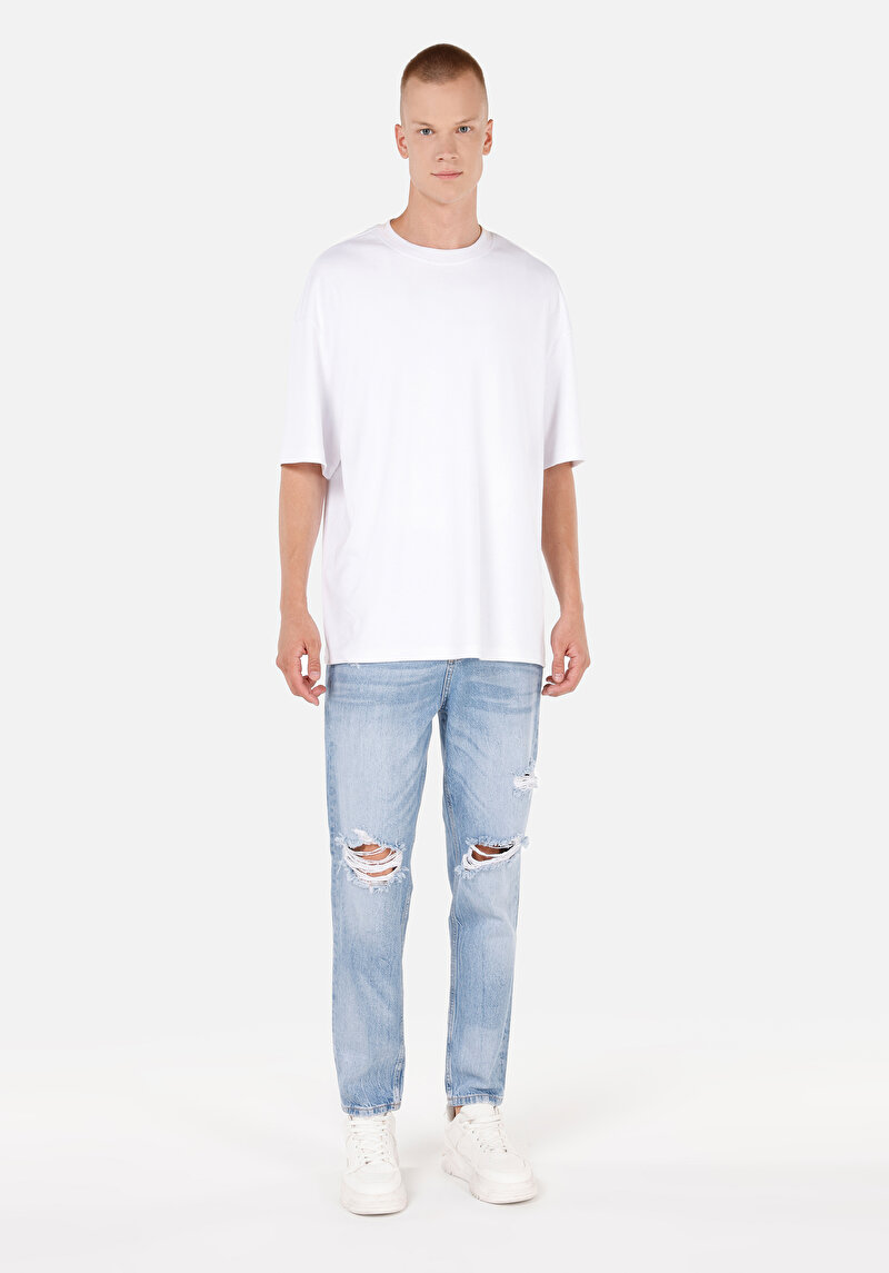 Loose Tapered Fit Erkek İndigo Fermuarlı Jean Pantolon