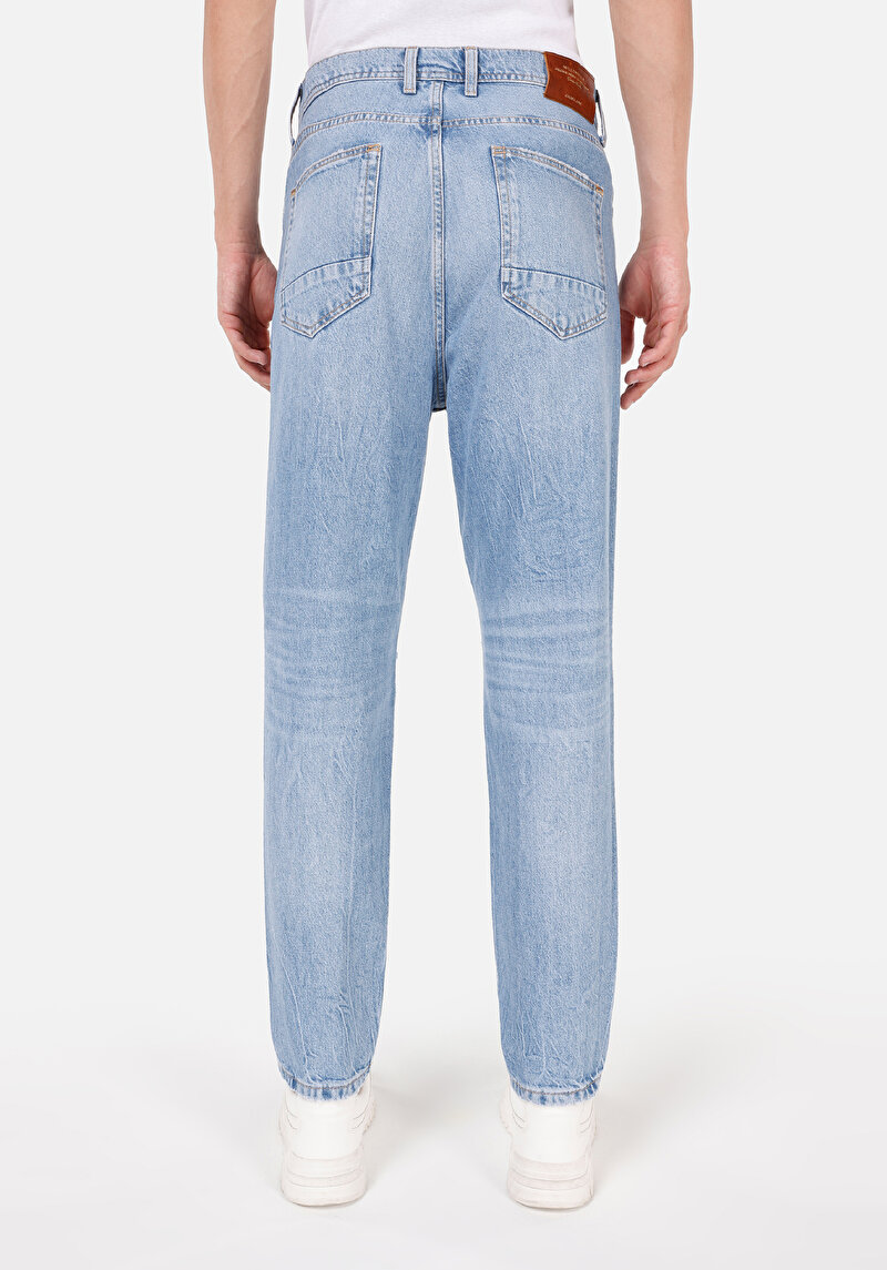 Loose Tapered Fit Erkek İndigo Fermuarlı Jean Pantolon