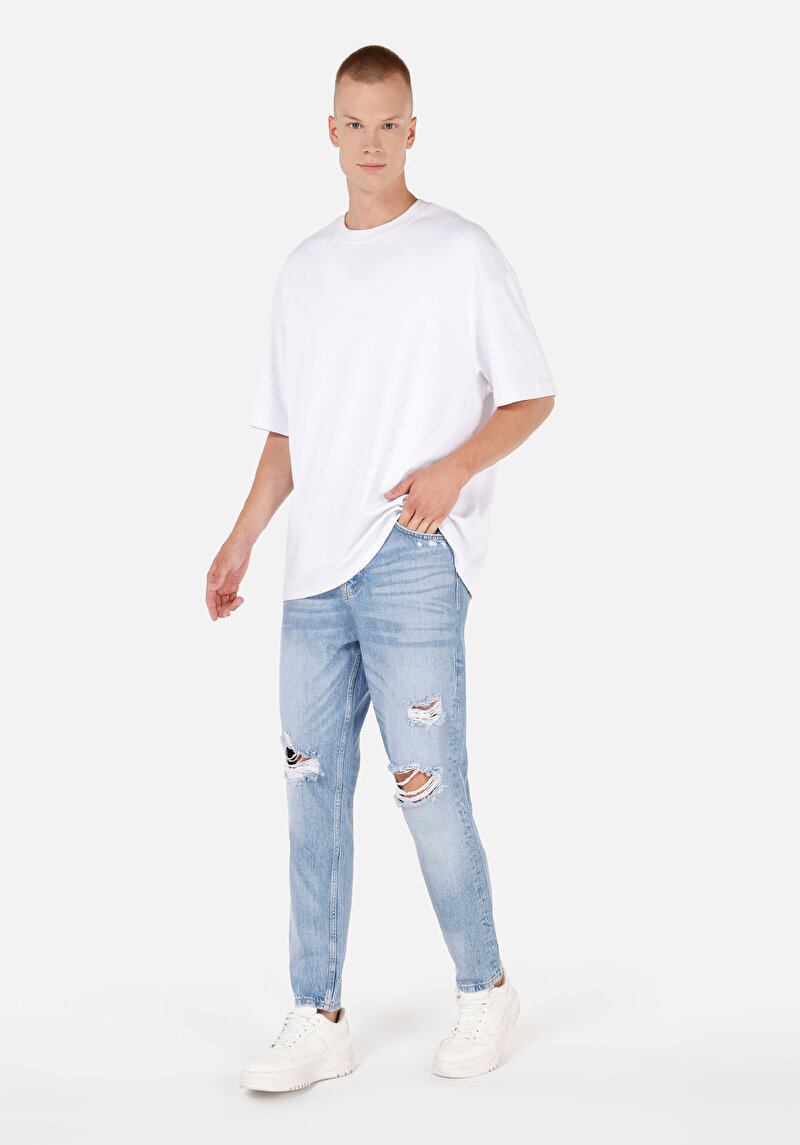 Loose Tapered Fit Erkek İndigo Fermuarlı Jean Pantolon