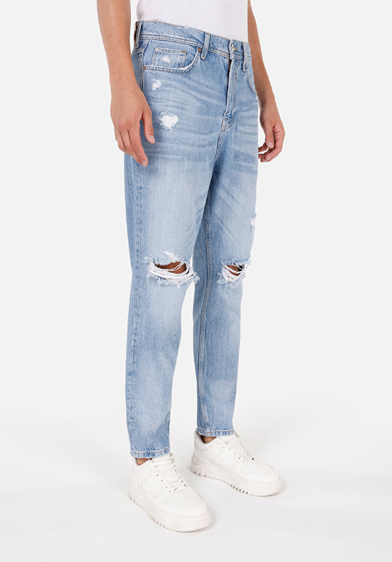 Loose Tapered Fit Erkek İndigo Fermuarlı Jean Pantolon