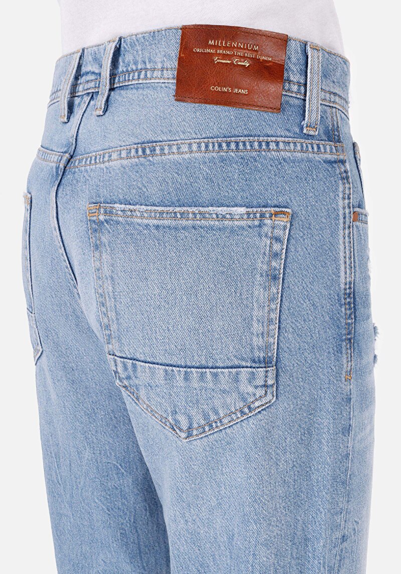 Loose Tapered Fit Erkek İndigo Fermuarlı Jean Pantolon