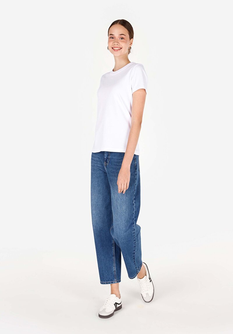 Barrel Fit Orta Bel Düz Paça Kadın İndigo Jean Pantolon