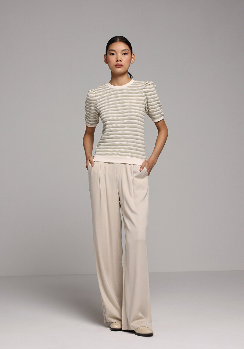 Regular Fit Yüksel Bel Düz Paça Astarsız Kadın Bej Pantolon