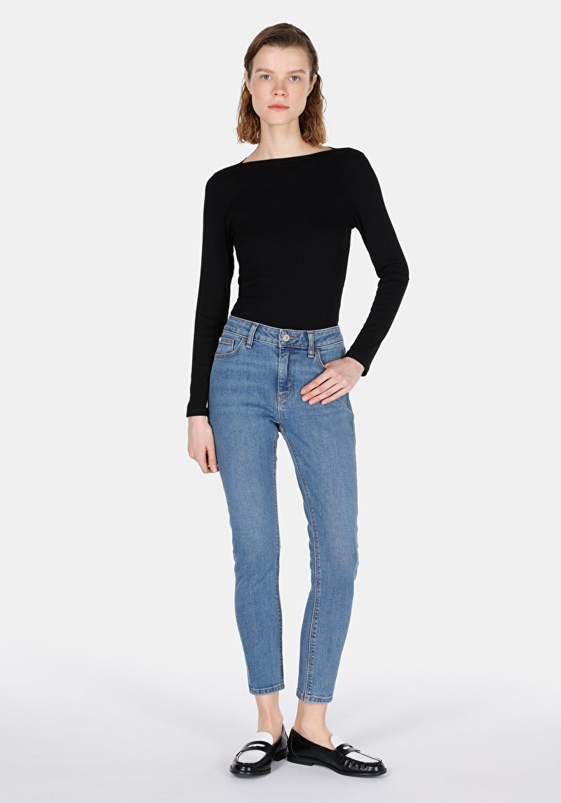 Skinny Fit Cepli Kadın Mid Indigo Denim Jean Pantolon