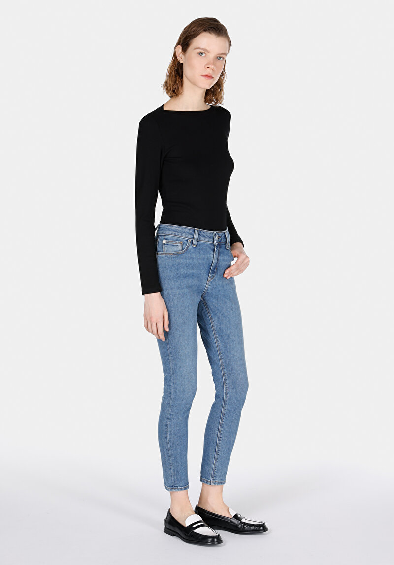 Skinny Fit Cepli Kadın Mid Indigo Denim Jean Pantolon