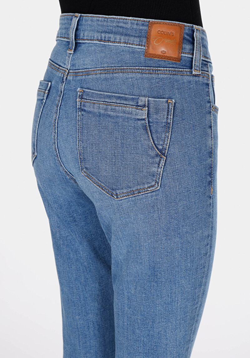 Skinny Fit Cepli Kadın Mid Indigo Denim Jean Pantolon