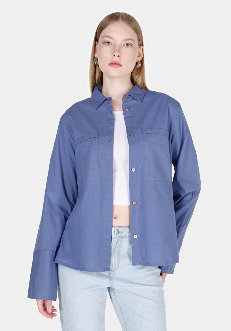 Regular Fit Shirt Neck Düz Kadın Mavi Uzun Kol Gömlek