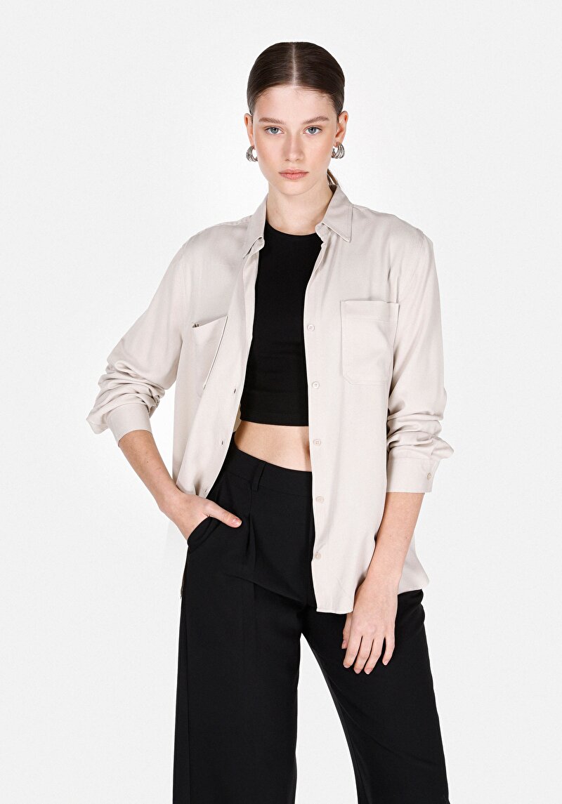Regular Fit Shirt Neck Düz Kadın Vizon Roll-Up Gömlek