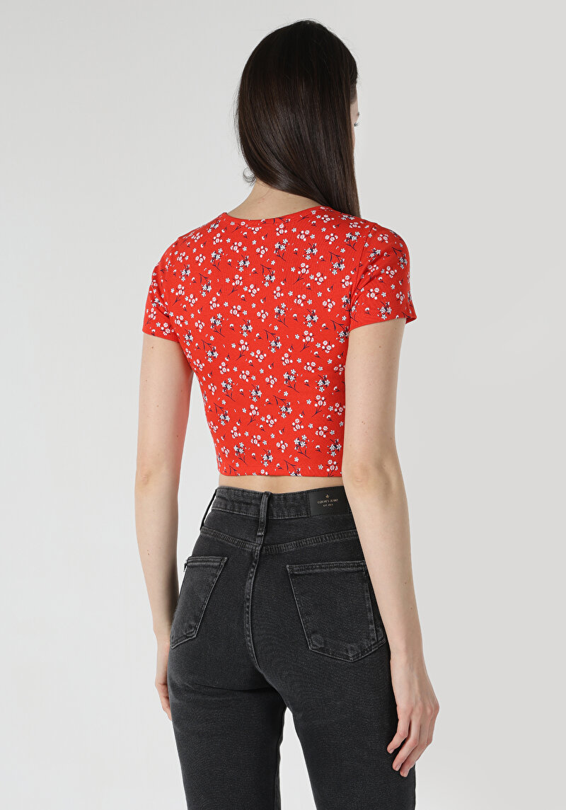 Slim Fit Yuvarlak Yaka Çiçekli Kadın Kirmizi Kısa Kol Tişört