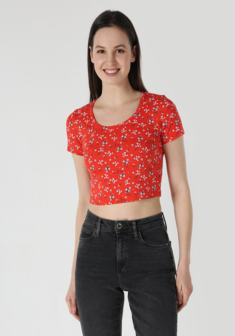 Slim Fit Yuvarlak Yaka Çiçekli Kadın Kirmizi Kısa Kol Tişört