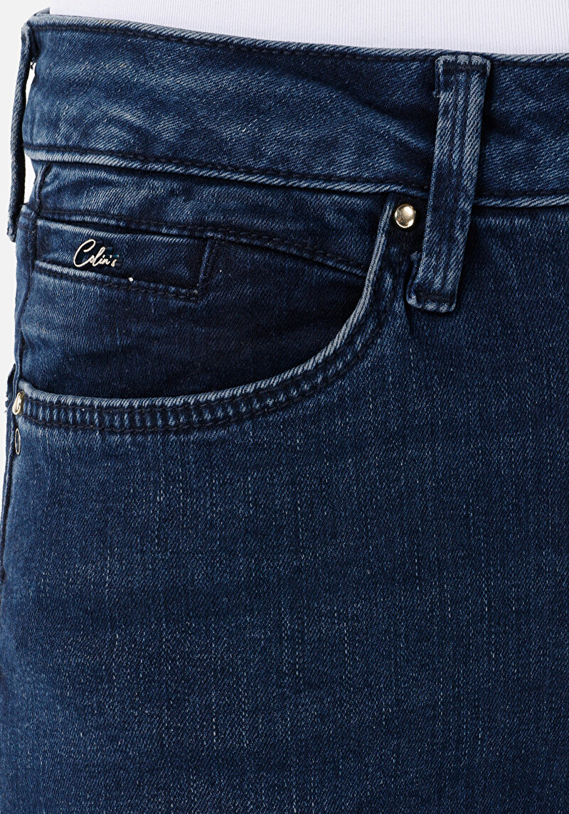 Slim Fit Orta Bel Düz Paça Kadın İndigo Jean Pantolon