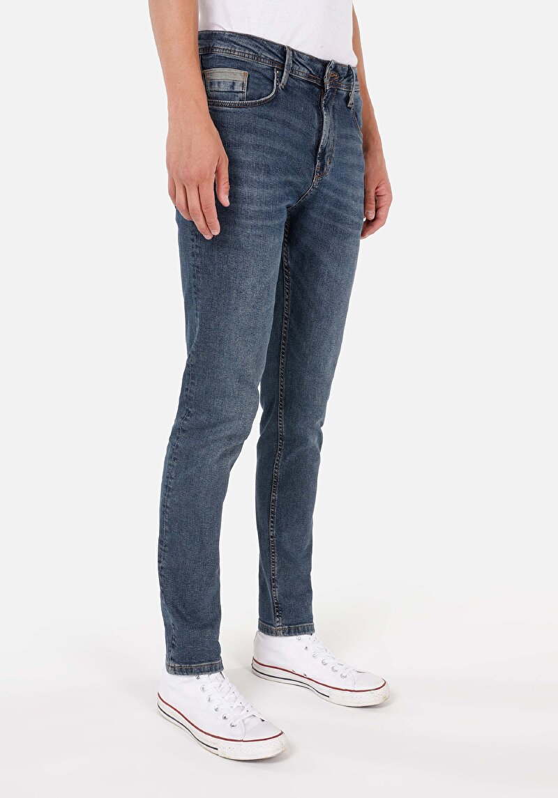 Regular Fit Orta Bel Daralan Paça Erkek İndigo Jean Pantolon